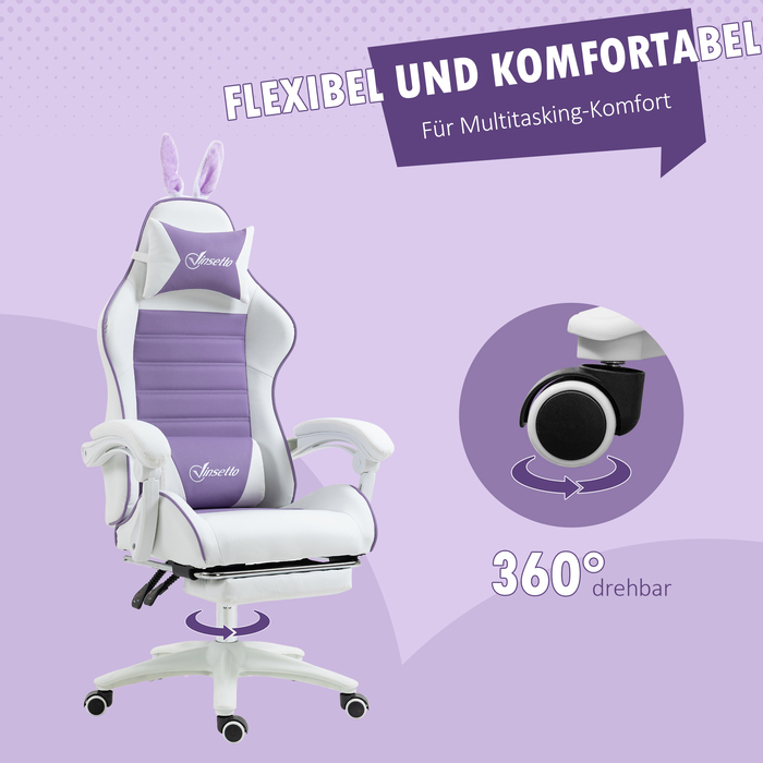 Ігровий крісло Vinsetto Ergonomischer Gamer Stuhl з підтримкою попереку, підставкою для ніг, ігровий крісло з вушками кролика, подушкою для голови, офісне крісло з регульованою спинкою та функцією відкидання спинки, фіолетовий | Aosom