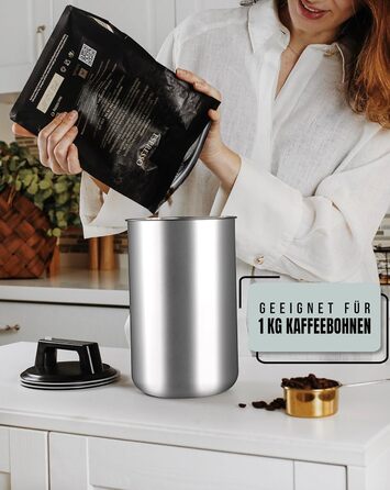 Контейнер для кави KC Kitchen & Co. на 1 кг з нержавіючої сталі, герметичний, з вакуумним клапаном, для кави, чаю, цукру, мюслі, білий матовий (2800 мл)