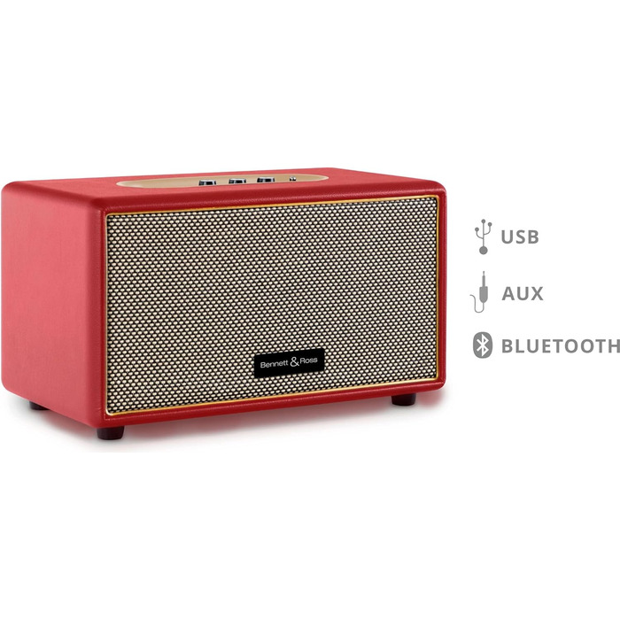 Ретро Bluetooth колонка Bennett & Ross BB-860RD Blackmore у шкіряній обробці, 2x30 Вт, USB MP3-плеєр, AUX, червона