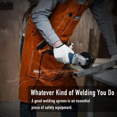 Шкіряний фартух зварювальника LeaSeek – термостійкий та вогнестійкий, з 6 кишенями, регульований, розмір M-XXXL (61x106 см)