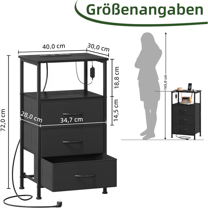 Нічний столик Somdot з підзарядкою, LED, розеткою (USB, Type-C) для спальні, вітальні, дитячої кімнати, чорний, 30x40x60/72 см (2/3 ящики)