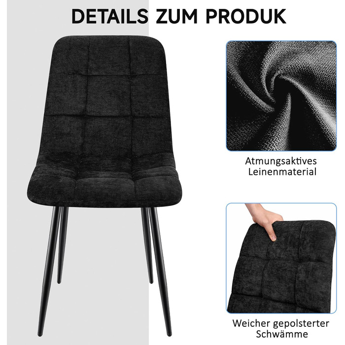 Набір обідніх стільців для кухні, вітальні та спальні: м'які стільці з лінолеєвої тканини та металевими ніжками, колір хакі (4 шт., чорний квадрат)