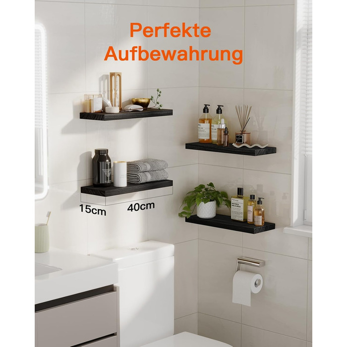 Полиця настінна Pipishell Wandregal Holz 40 см, набір 4 шт., дерево Paulownia, чорна - для кухні, ванної, спальні, офісу