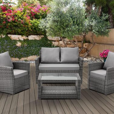 Світ Лаунж-група Roma з ротангу (сіра) - садові меблі з софі та кріслом, набір для відпочинку та обіду
