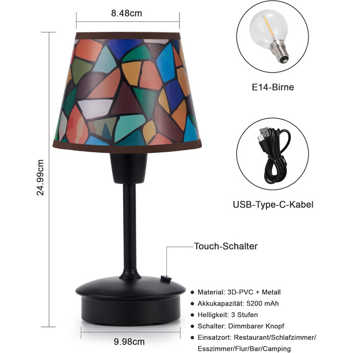 2 шт. Бездротові настільні лампи для обіднього столу з акумулятором 5200mAh, сенсорне регулювання яскравості, портативні лампи для ресторану, вітальні, спальні, бару, їдальні, нічники (багатобарвні, 2 шт.)