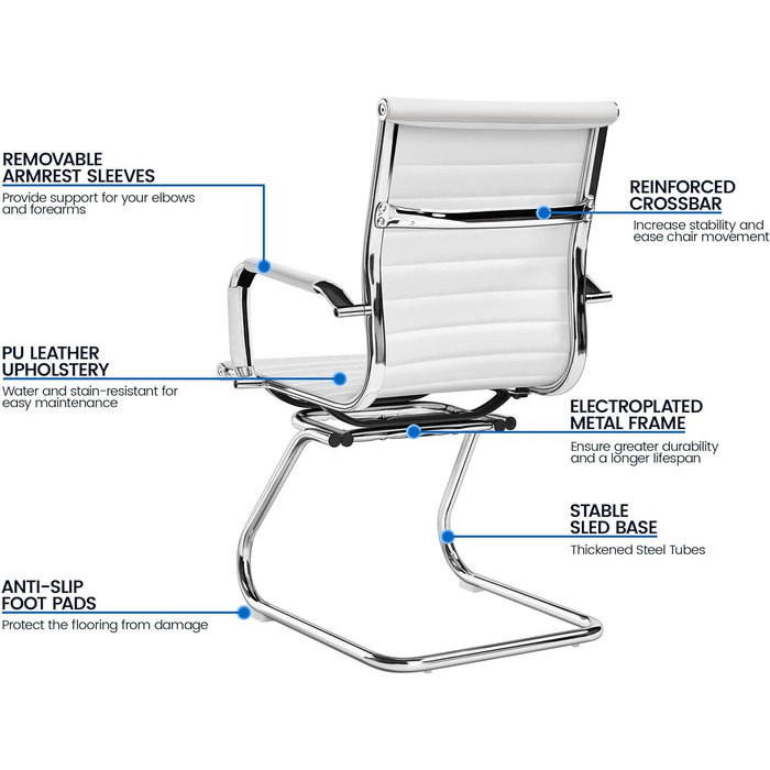 Стільці для відвідувачів Yaheetech, консольні стільці з хромом, ергономічні, спинка, підлокітники, металевий каркас, штучна шкіра, білий 2