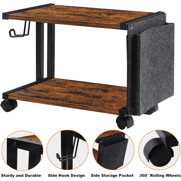 Стіл для принтера Shinoske з 2 рівнями, мобільний, з дерева та металу, 45x29x33 см