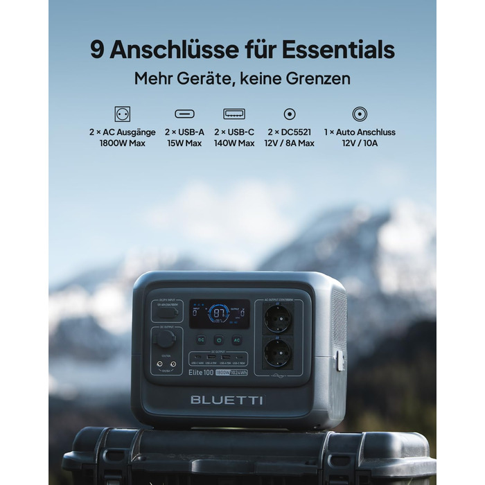 Портативна електростанція Bluetti Elite 100 з сонячною панеллю 350W: 1024Wh, LFP акумулятор, 1800W (3600W пік), для кемпінгу та резервного живлення