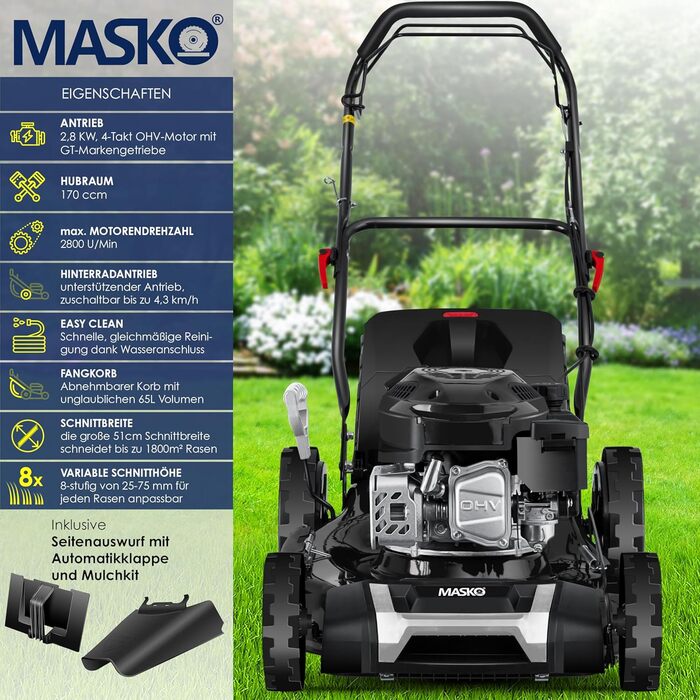 Бензиновий газонокосарка MASKO® 5in1 | Ширина косіння 51 см | 8 положень висоти косіння | 4-тактний OHV двигун 6.0 PS | 65 л травозбірник | Включно з набором для мульчування, бічний викид | Чорний/Сірий