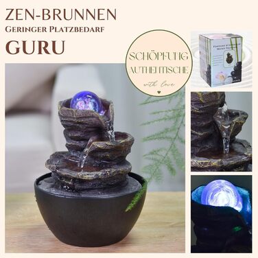 Фонтан для дому Zen'Light Zimmerbrunnen: розслаблення та медитація з LED-підсвіткою. Ідеально для вітальні, спальні, офісу. Компактний фонтан з закритим циклом, висота 18 см (Guru).