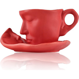 Набір чайних чашок і блюдців, керамічний набір кавових чашок для пар, що цілуються з ложечкою, кавова чашка з обличчям, унікальна чайна чашка і блюдце, креативний подарунок на день Святого Валентина, Різдво (червоний)