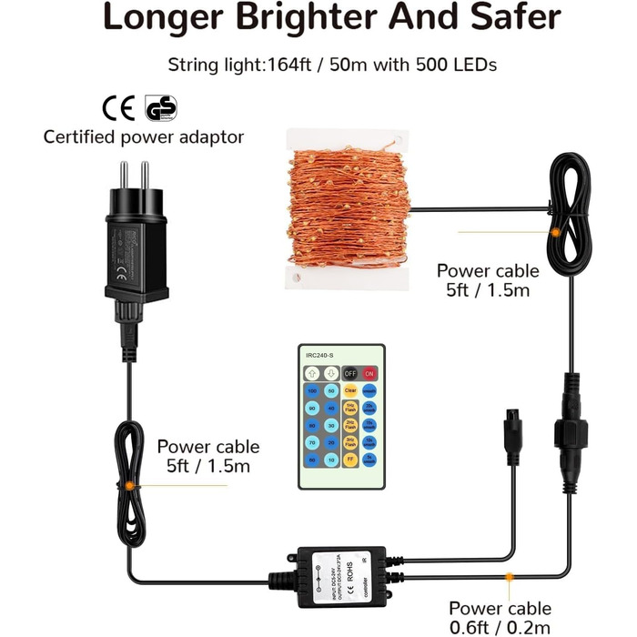 LED гірлянда на 50 метрів з 500 LED, мідний дріт, зірочки, димування, пульт, вологостійка, для саду, тераси, кімнати, святкова прикраса