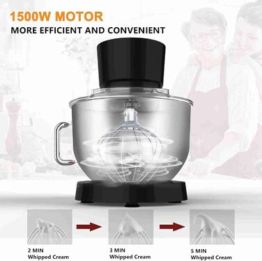 Кухонна машина 1500W з чашею 6.2L з нержавіючої сталі, 6 швидкостей, міксер для тіста, з набором насадок (вічорник, гак для тіста, вінчик), кришка-розбризкувач та скребок для тіста, чорна
