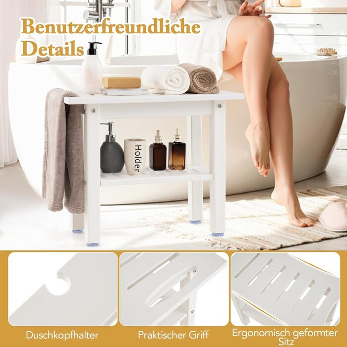 Крісло для ванної кімнати RELAX4LIFE з ручками та полицею, біле, до 150 кг - лавочка для душу з гумовими ніжками