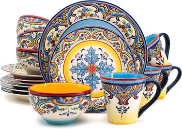 Набір посуду Euro Ceramica Zanzibar Collection, 16 частин, для кухні та їдальні, на 4 особи, з іспанським квітковим візерунком, блакитно-жовтий