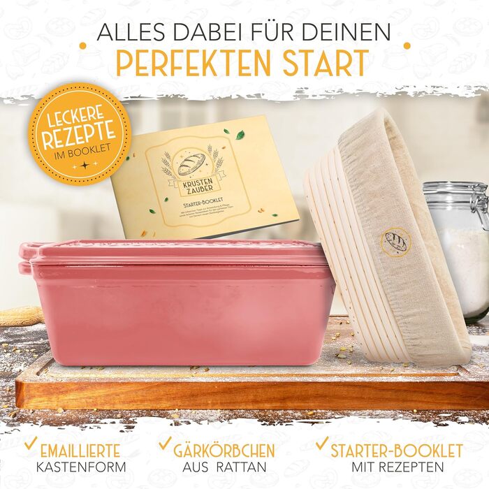 Форма для випікання хліба з емальованого лиття заліза з кришкою та кошиком для підйому тіста - 28 см, рожева