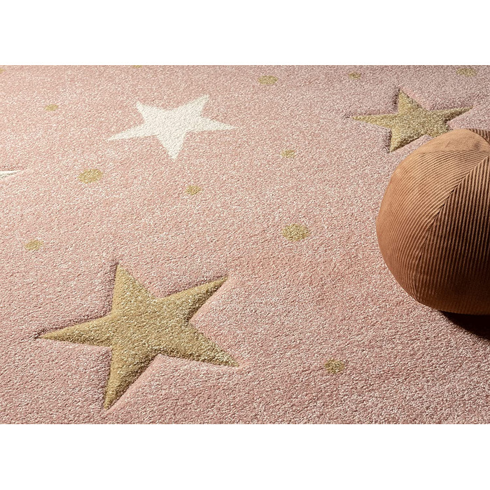 Дитячий м'який зірчастий килим the carpet Moonde, дитячий килим з ефектом зоряного неба, з ефектом високої глибини, легкий у догляді, стійкий до фарбування, Зоряний, Рожевий, (140 х 200 см, рожеві зірки)