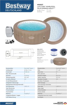 Надувний гідромасажний басейн-джакузі Bestway Lay-Z-Spa AirJet Palm Springs з LED-підсвіткою на 6 осіб, 196 x 66 см