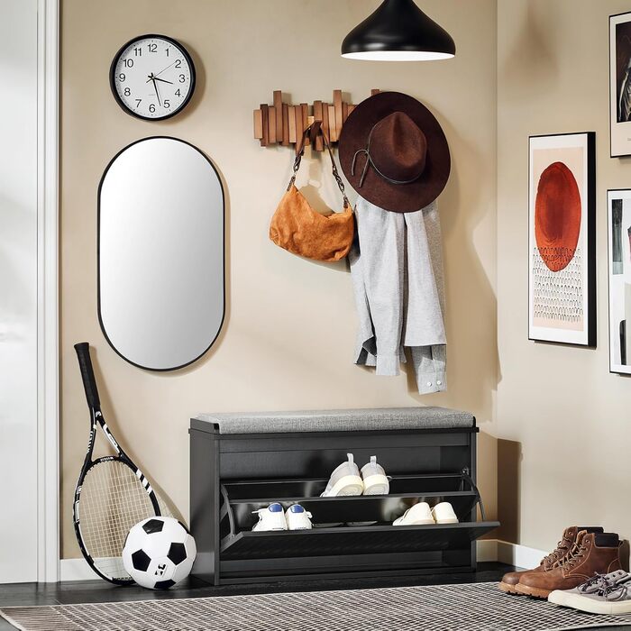 SoBuy Взуттєва шафа з 2 відкидними кришками, вузька, з 4 полицями, білий колір, розмір 61x100x26 см, FSR165-W, з довгою лавкою, чорний колір