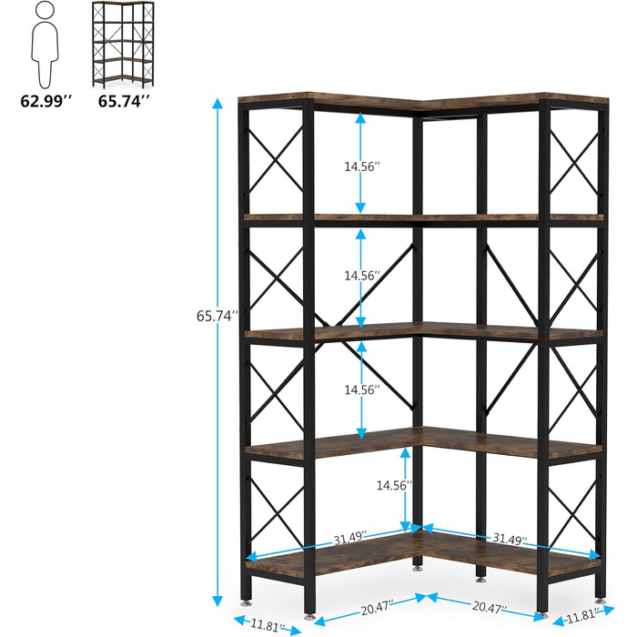 Кутова книжкова шафа Tribesigns на 5 полиць, сучасна кутова полиця 5 ярусів з металевим каркасом (сільський коричневий)