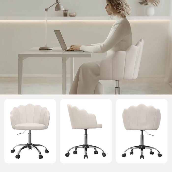 Крісло WOLTU для офісу та дому, крісло до туалетного столика з м'якою спинкою у вигляді пелюсток, поворотне з роликами, регульоване по висоті, для робочого кабінету, спальні, оксамит, бежевий