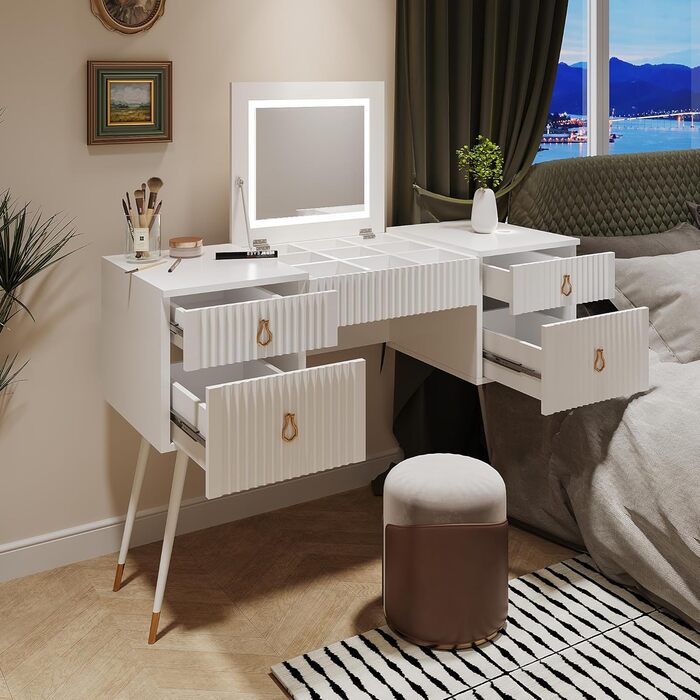 Туалетний столик Merax з дзеркалом та LED-підсвічуванням, з поличкою, 6 висувних ящиків, золоті ручки, білий, 102x100x41.5 см (без табурета)