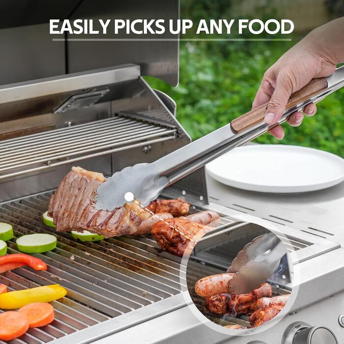 Набір гриль-посуду Onlyfire 4-TLG: щипці, лопатка, виделка, щітка з довгою ручкою з акації та нержавіючої сталі