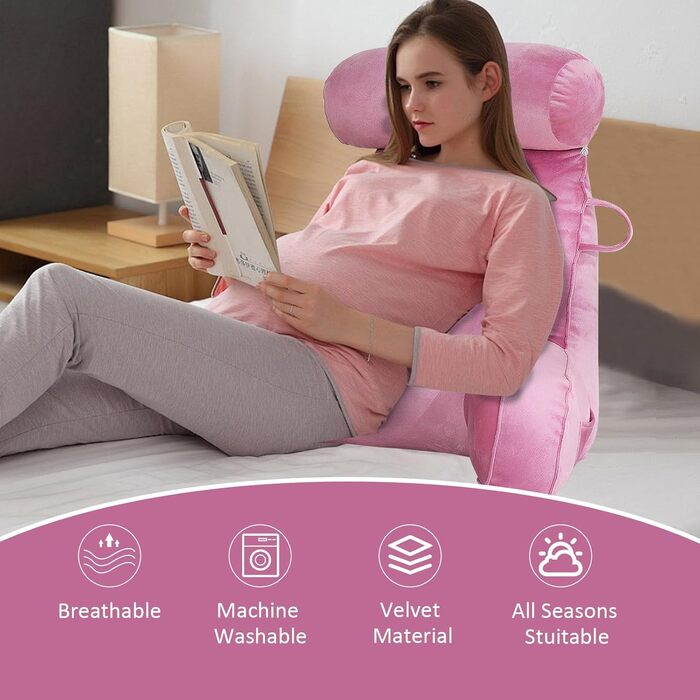 Подушка для читання MINGPINHUIUS XL для ліжка та дивана з знімною подушкою для шиї, ідеальна для дорослих, з піною з пам'яті для комфортного читання, роботи, ігор, перегляду телевізора та відпочинку (Рожевий)