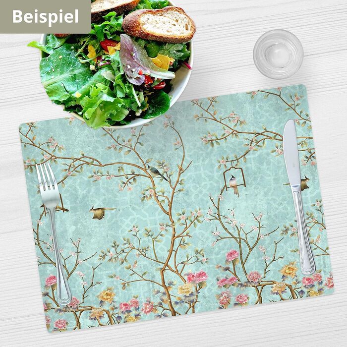Набір килимків на стіл | Килимок для столу, миється - Квітковий вінтажний мотив з птахами - з високоякісного вінілу (пластик, BPA-free) - 4 шт. - Антиковзка підставка для столу - Килимок на стіл - Зроблено в Німеччині