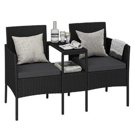 Садова лавка STEELSØN Velara з вбудованим столиком, ротангова 2-місна, чорна з подушками - вуличні меблі, стійкі до погодних умов, для тераси та балкона (до 320 кг), з скляною полицею, сталевий каркас