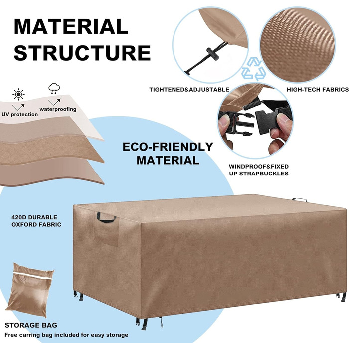 Водонепроникний чохол для садово-патіо меблів, 420D Oxford, захист від вітру та UV, міцний, для садових столів та груп, 180x120x74 (Хакі, 300x200x90cm)