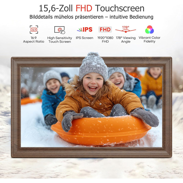 Цифровий фоторамка Frameo 10.1 дюйма з Wi-Fi, сенсорний IPS екран HD 1280*800, 32GB пам'яті, автоповорот, підтримка Frameo App для зручного обміну фото та відео, корпус з дерева (15.6 дюймів)