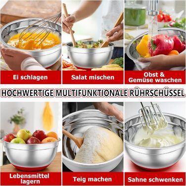 Набір мисок TEAMFAR з нержавіючої сталі: салати, зберігання, приготування їжі. Об'єм: 0.7-6.5 л, з кришкою та силіконовим дном.