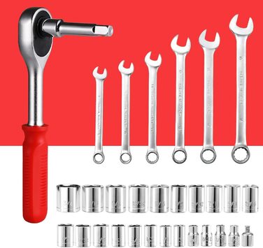 Набір інструментів TLGREEN 198 предметів у кейсі: побутовий, з тріскачкою, набором головок, викрутками – червоно-чорний