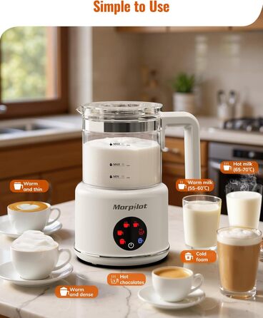 Електричний спінювач молока Morpilot 6-в-1: для капучіно, лате, гарячого шоколаду, 130-500мл, 600W, скляний, для миття в посудомийній машині