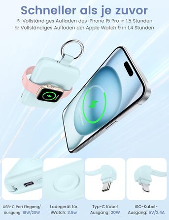 З кабелями, брелоком, сумісний з iPhone та Apple Watch, 10000mAh PD 20W