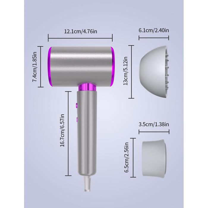 Фен для волосся DMTIVMG 2400 Вт з іоном Фен для волосся Швидкий термостатичний дорожній фен з кнопкою холодного/гарячого 2 швидкості 3 температурні режими та дифузор, концентратор для перукарні, подорожей та дому Сірий 01