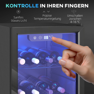 Винний шафа на 24 пляшки, 68 літрів, діапазон температур 4–16 °C, окремостояча модель для напоїв, пива та вина зі скляними дверцятами, чорного кольору