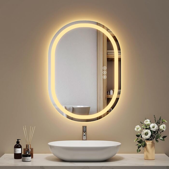 Дзеркало для ванної кімнати EMKE з підсвічуванням 50x90 см овальне, сенсорне керування, 3 кольори світла, регулювання яскравості, антизапарник, функція пам'яті, автовимкнення через 3 години
