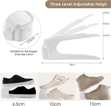 Набір для укладання взуття Arlopu PCS, двошарова полиця для взуття, Стопка для взуття 6,5 см / см / 15 см, нековзний органайзер для взуття з поліпропілену, Регульований для економії місця (25 х 5,5 см, білий, 20)