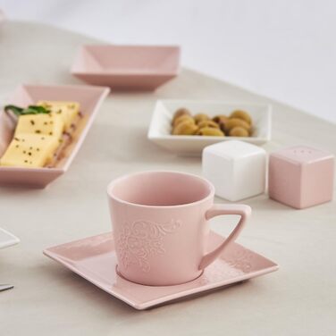 Предмети Набір для сніданку/обслуговування на 6 персон рожевий - повний набір на 6 персон з сервізовими тарілками, чайними чашками, блюдцями, порцеляновими ложками, тарілками-човниками, мисками, 32