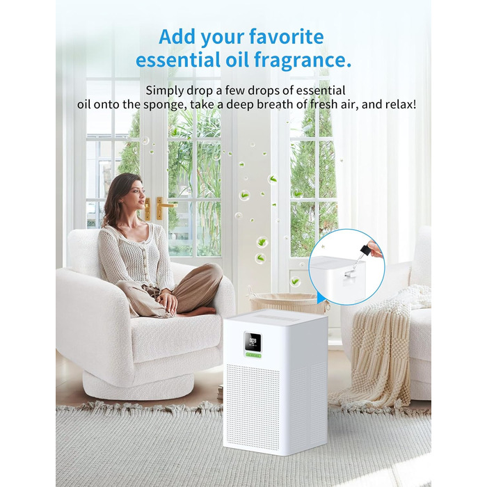 Повітряочисник з HEPA фільтром H13, сумісний з Matter, Apple Home, Alexa, Google Home, Home Assistant, ароматерапія, еко-режим, 62 м²