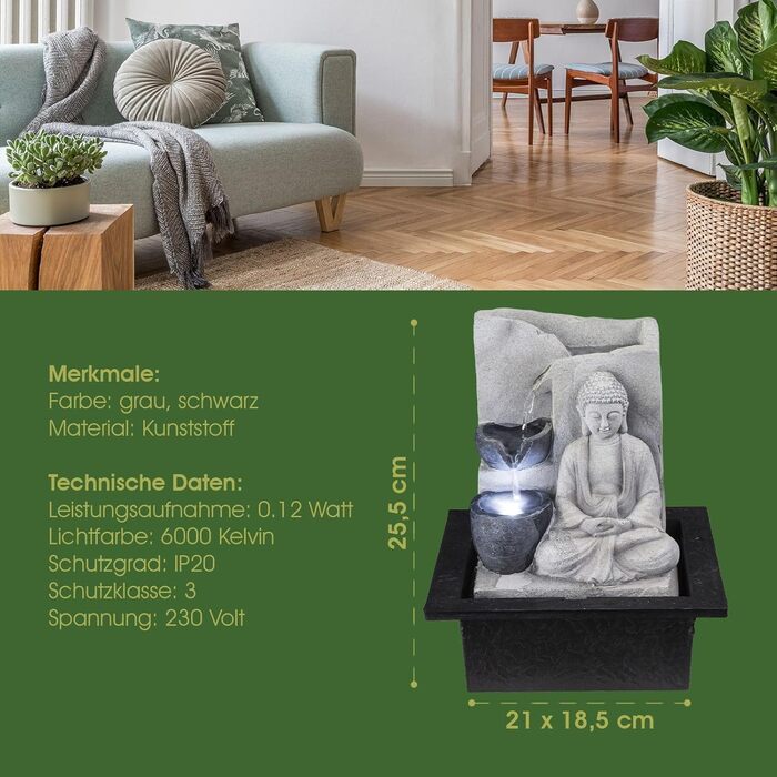 Декоративний фонтан Будда з підсвічуванням – кімнатний фонтан, сірий, 4 ступені