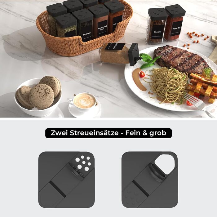 Набір кутових банок для спецій з кришкою, 32 шт по 120 мл, чорний, з дозатором та 120 етикетами