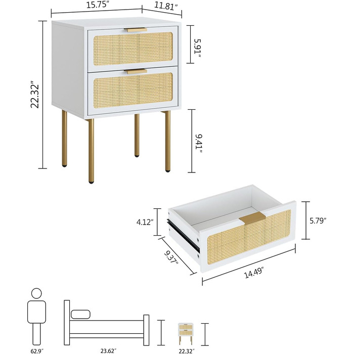 Приліжкова тумбочка з ротанга HEYZOY, маленький журнальний столик з ящиком, золота рама, біла подвійна шухляда