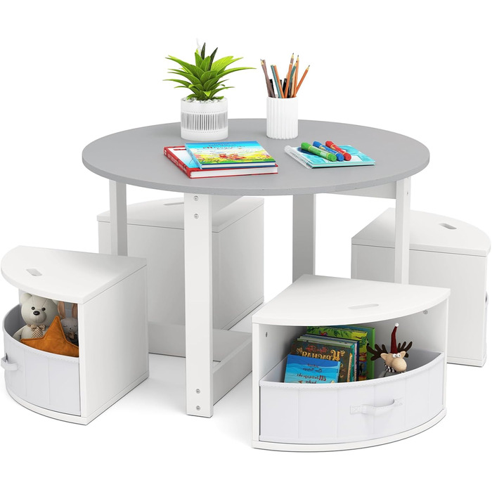 Дитячий стіл DREAMADE з 4 стільцями, комплект меблів для дитячої кімнати (сірий)