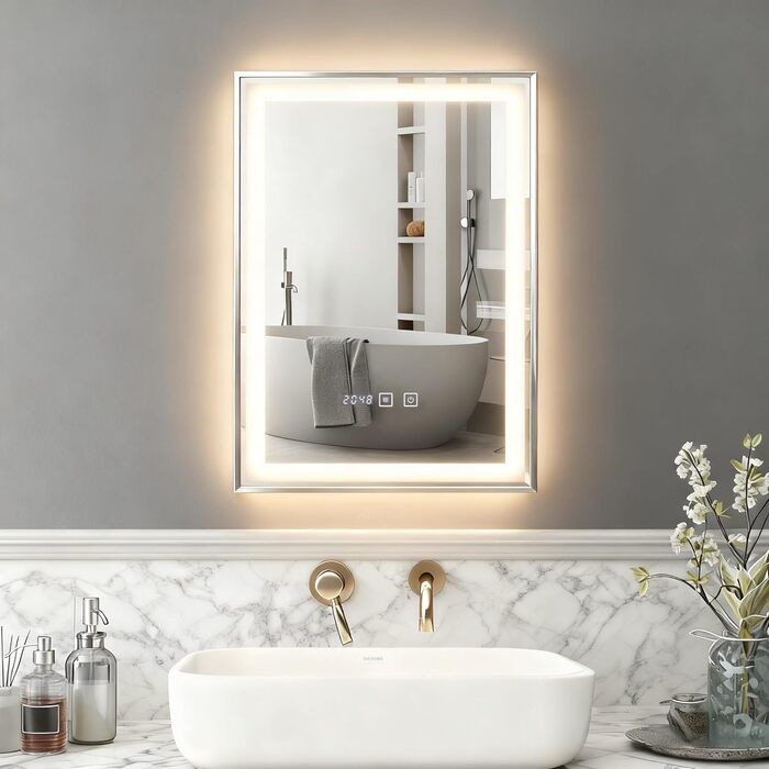 Дзеркало для ванної кімнати YOURLITE з підсвічуванням, 85x55 см, LED, сенсорне керування, 3 кольори світла, регулювання яскравості, антизапар, горизонтальне/вертикальне, IP44, білий (Silver-5070)