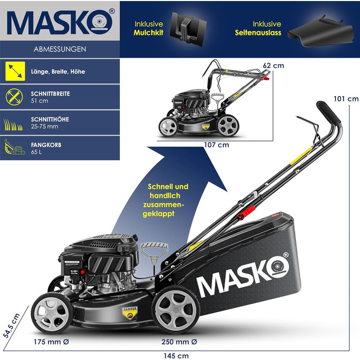 Бензиновий газонокосарка MASKO® 5in1 | Ширина косіння 51 см | 8 положень висоти косіння | 4-тактний OHV двигун 6.0 PS | 65 л травозбірник | Включно з набором для мульчування, бічний викид | Чорний/Сірий