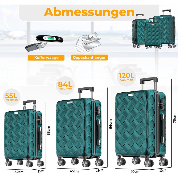 Набір дорожніх валіз KESSER з 3 предметів, жорсткий корпус ABS, кодовий замок, ваги для багажу та дорожній гаманець, колеса 360°, колір Petrol Teal