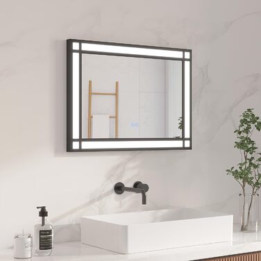 Дзеркало для ванної кімнати AQUABATOS LED з підсвічуванням 50x70 см, імітація вікна, сенсорне регулювання, антизапар, чорний алюмінієвий каркас, індустріальний стиль